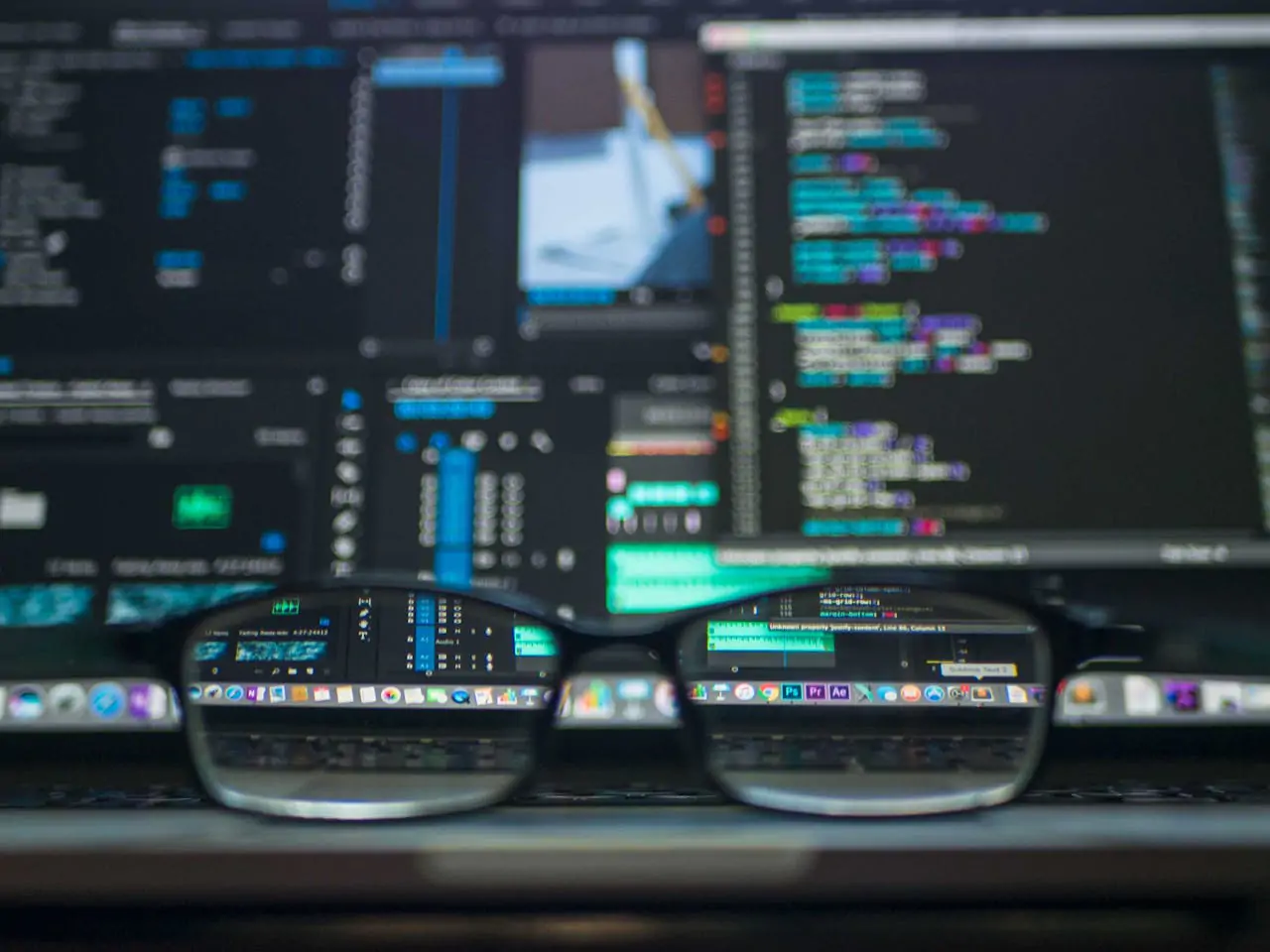 Glasses on desk in fromt of data screen